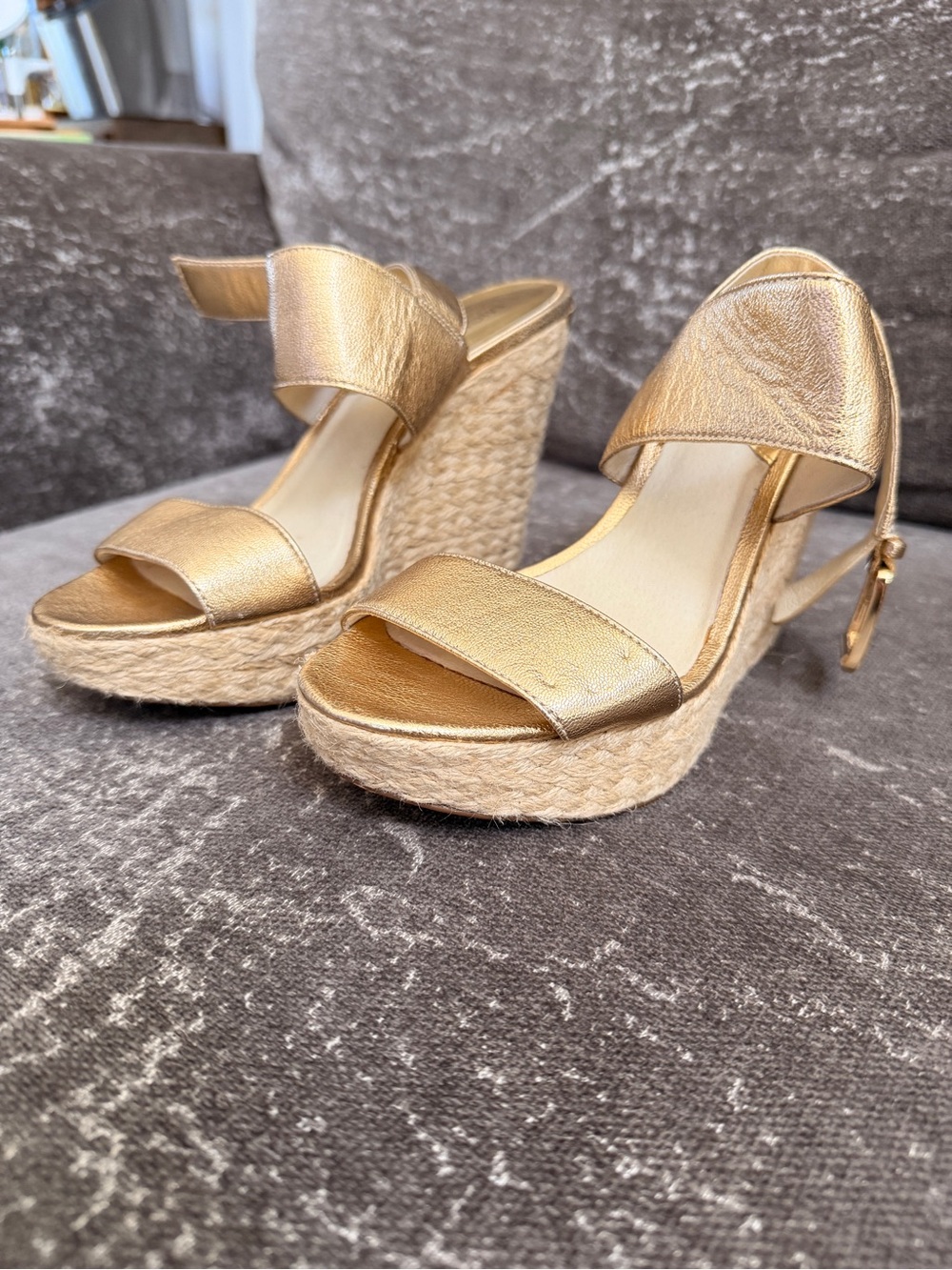 Michael Kors Gold Leather Espadrille Wedge Sandals